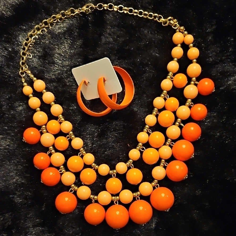 Orange Beaded Statement Necklace and Hoop Earrings Set 14" + 3"